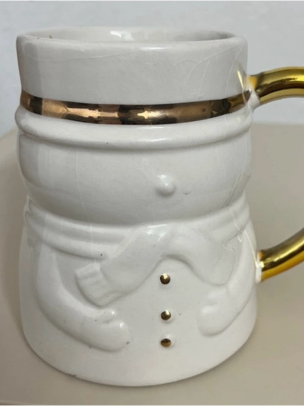 White Ceramic Snowman Mug with Gold Accent - Home Dining